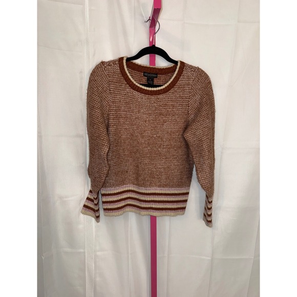 Design365 Sweaters - DESIGN365 Women's Striped Knit Sweater Long Sleeve Crew Neck Brown Pink Size M